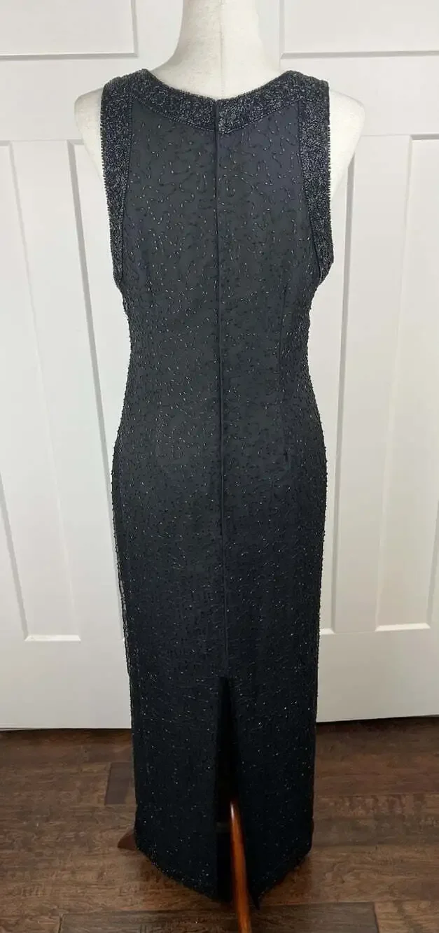 Vintage Laurence Kazar Black Silk Beaded Maxi Dress L Column Gown India Formal